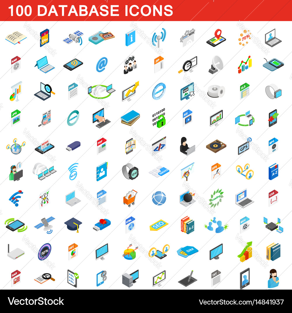 100 database icons set isometric 3d style Vector Image