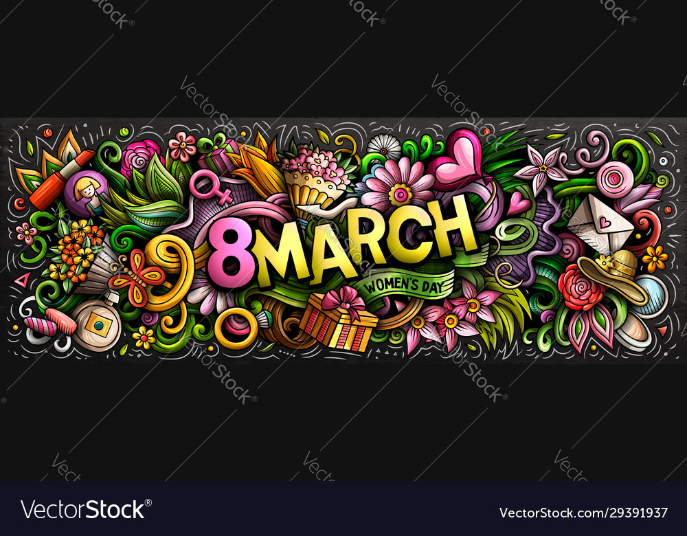 8 march hand drawn cartoon doodles Royalty Free Vector Image