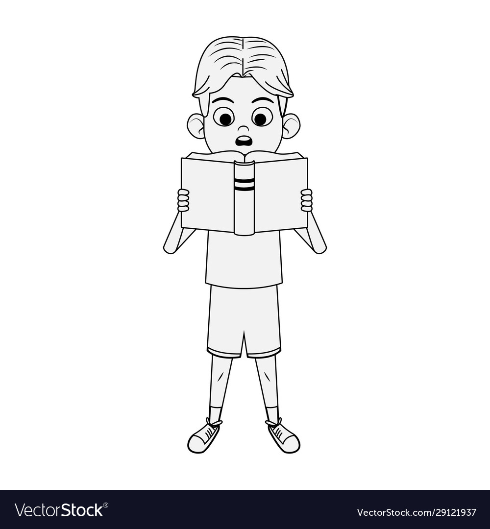 Cartoon happy boy standing and reading a book Vector Image