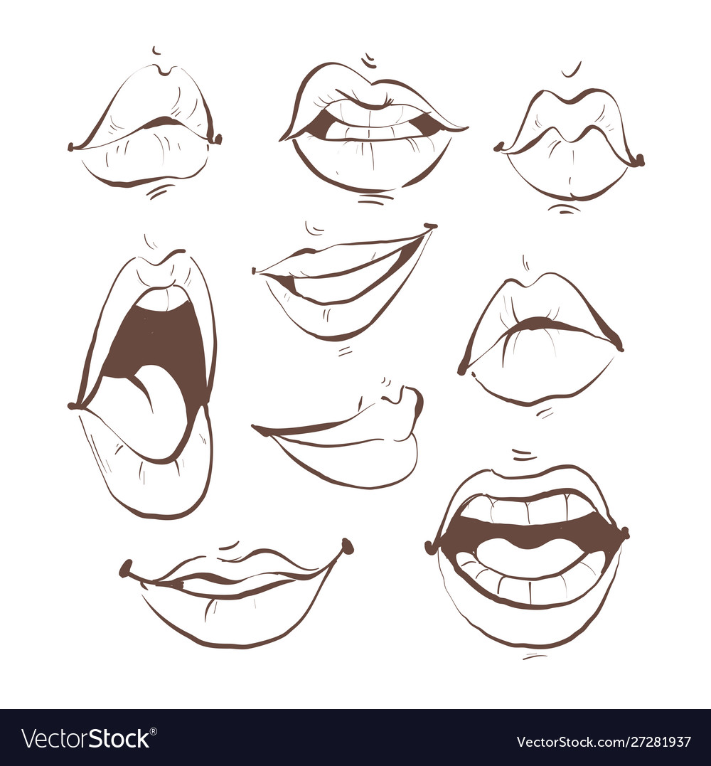 Contour sketch set feminine lips on Royalty Free Vector