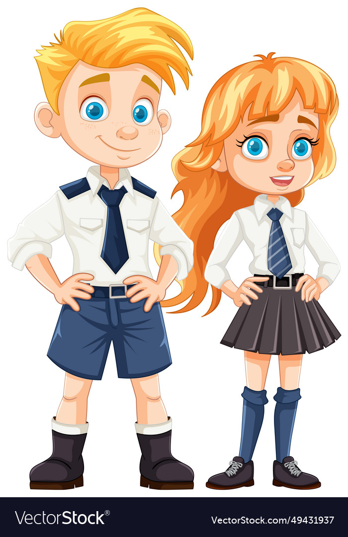 Male and female students in cartoon uniforms Vector Image