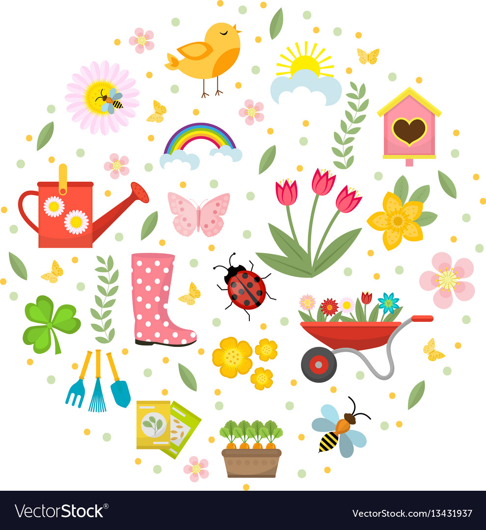 Spring icons set in round shape flat style Vector Image