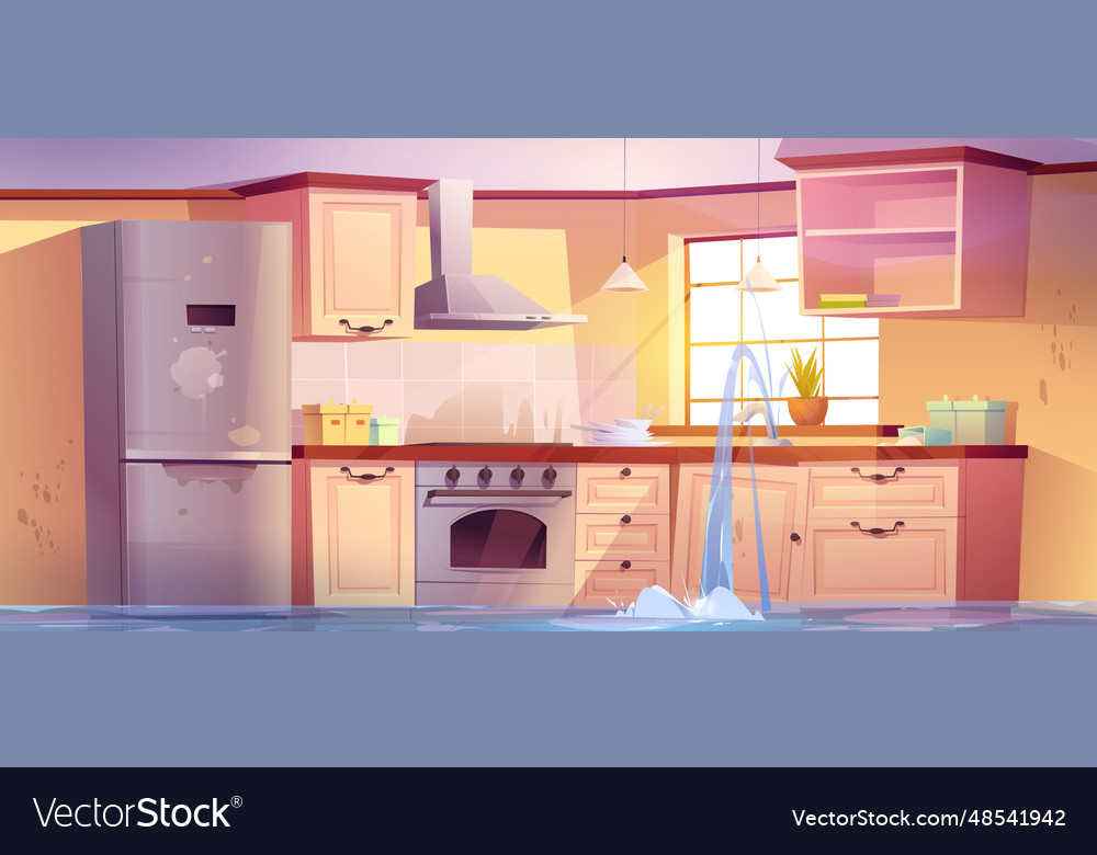 Flooded kitchen with water leaking from faucet Vector Image