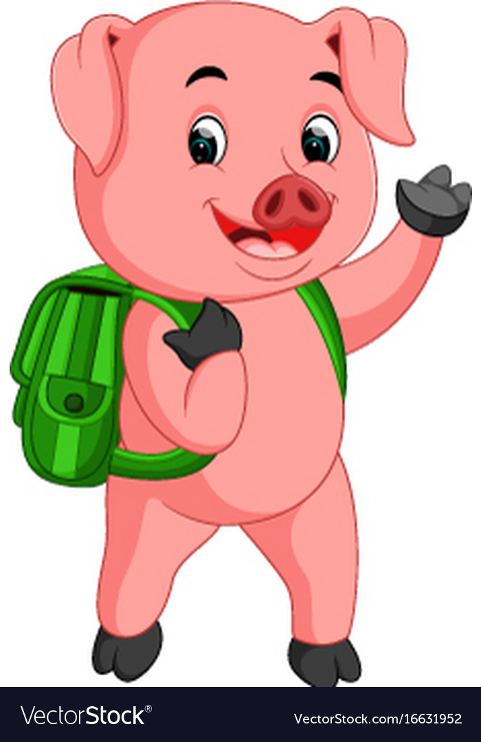 Cute school pig walking with a backpack