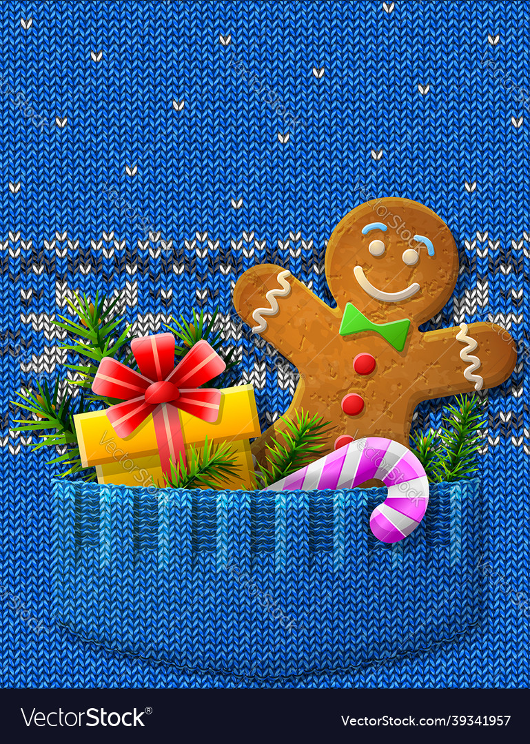 Gingerbread man gift candy cane in knitted pocket Vector Image