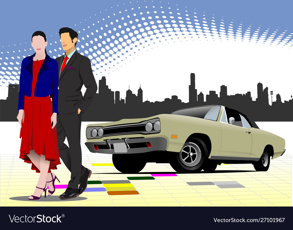 Old car with young couple Royalty Free Vector Image