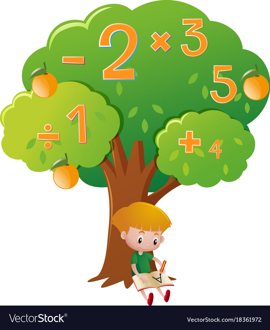 Boy doing math problem under the tree Royalty Free Vector