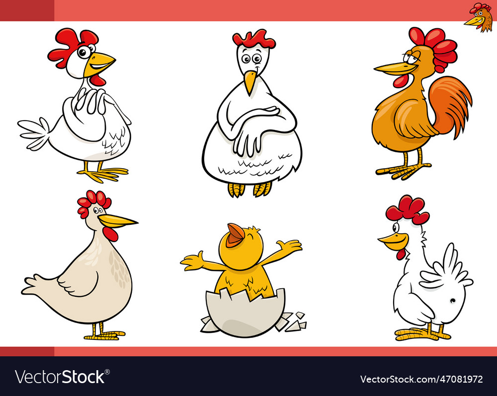 Cartoon Chickens Farm Animals Comic Characters Set