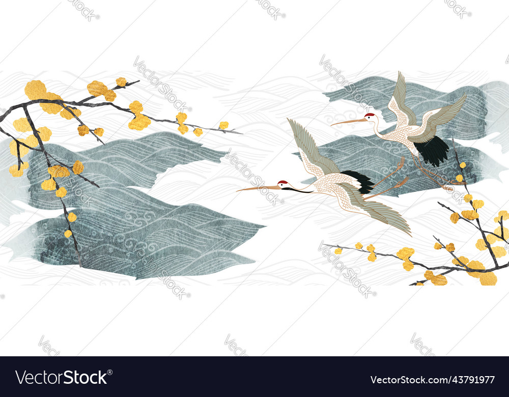 Crane birds with japanese background watercolor vector image Crane birds with japanese background watercolor
