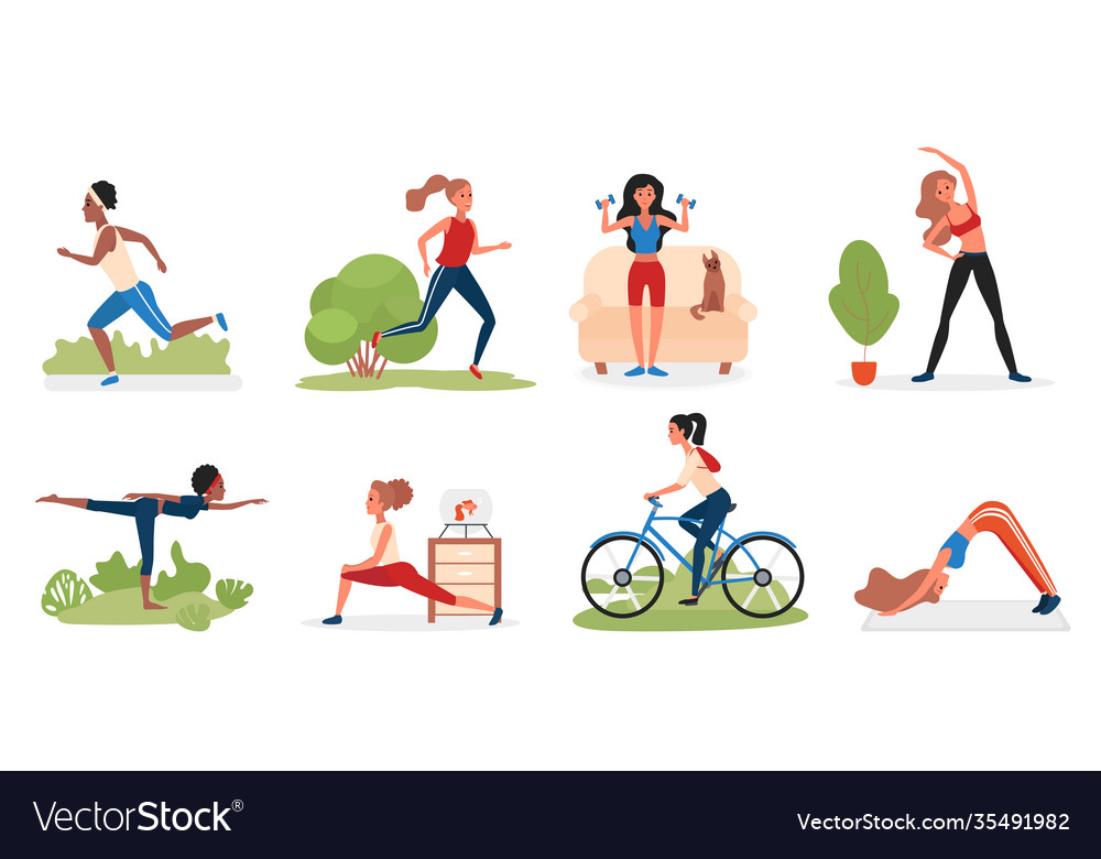 Sport woman activity set young character doing Vector Image