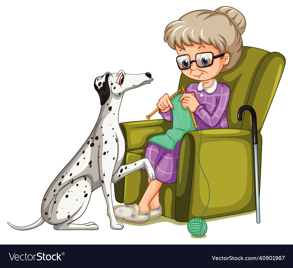 Grandma knitting with dalmatian dog Royalty Free Vector