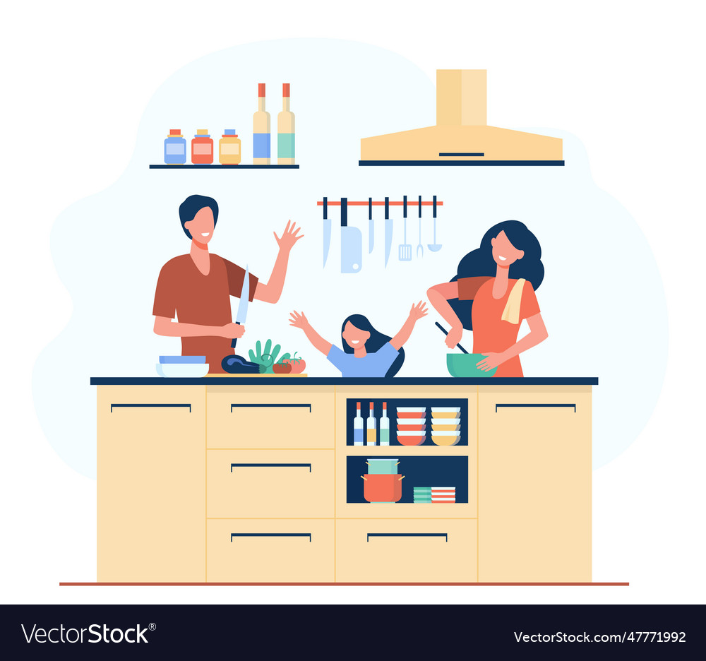 Happy mother father and daughter cooking together Vector Image