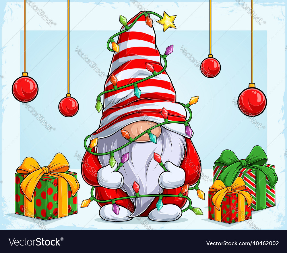 Christmas gnome character surrounded by lights