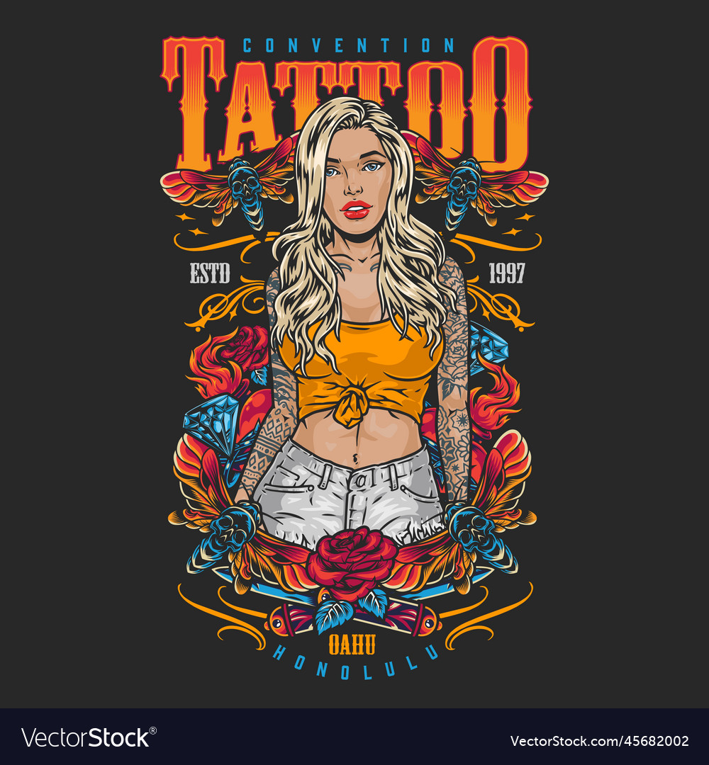 Tattooed Blonde Woman Flyer Colorful Royalty Free Vector