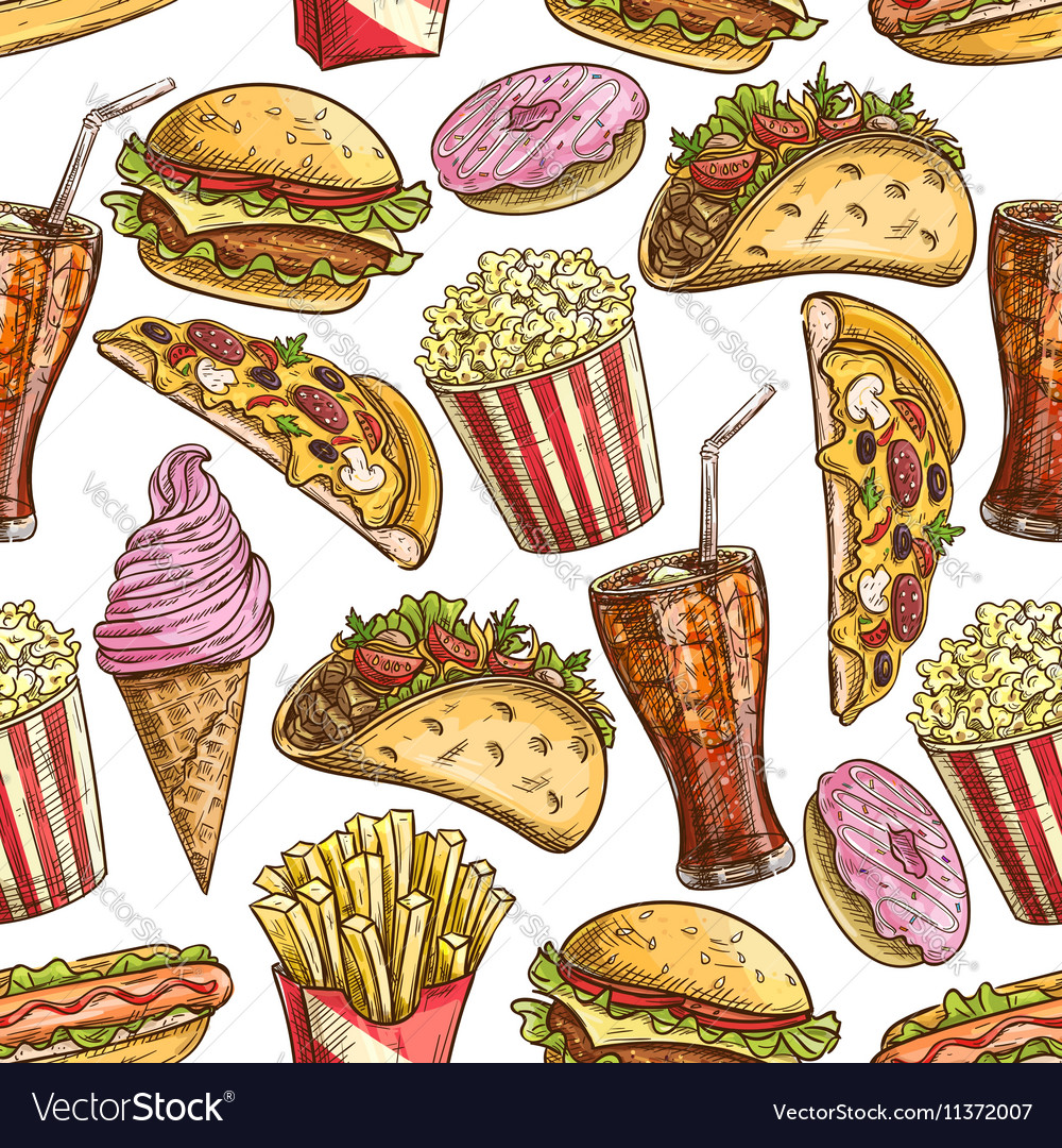 Fast food sketched snacks seamless pattern Vector Image