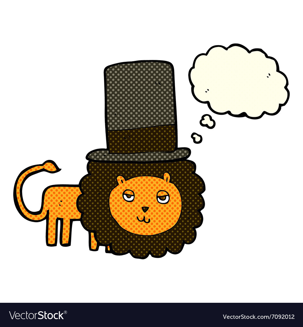 Cartoon lion in top hat with thought bubble