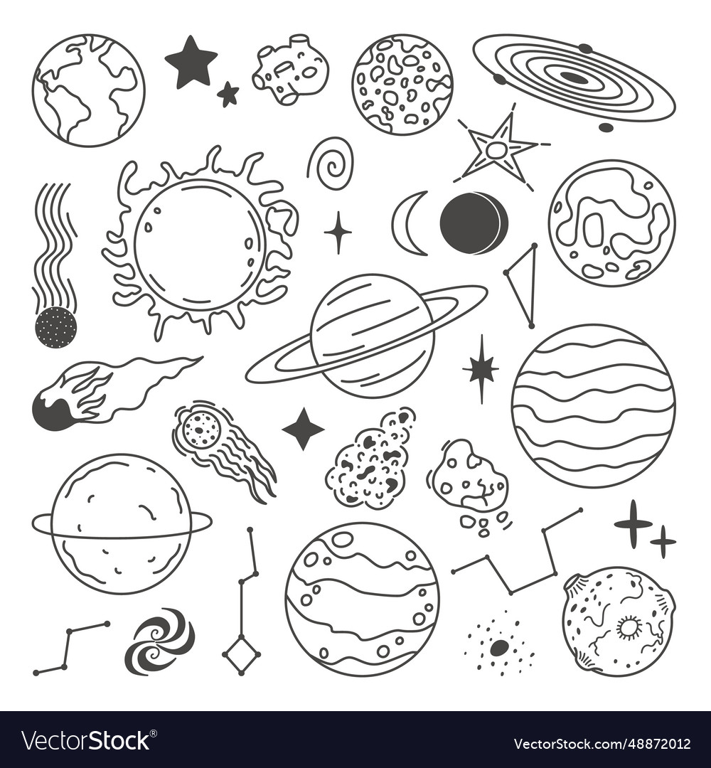 Doodle planets space sketch planet and stars Vector Image