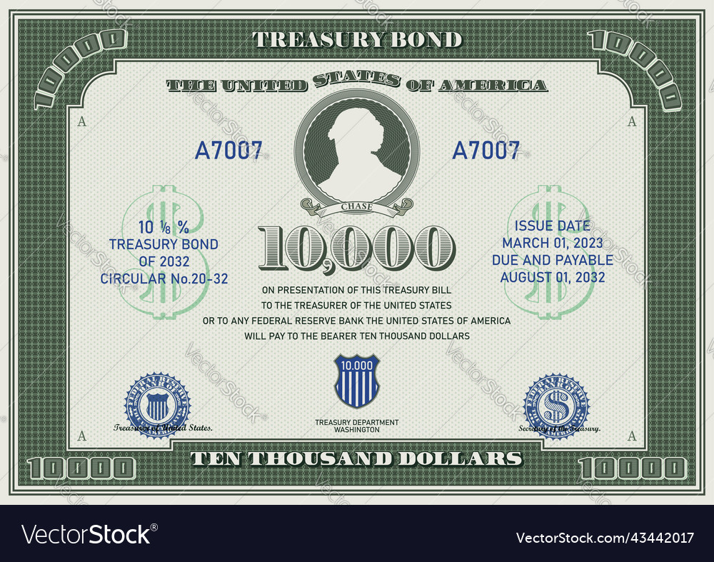 Fictional 10000 us dollars treasury bond green Vector Image