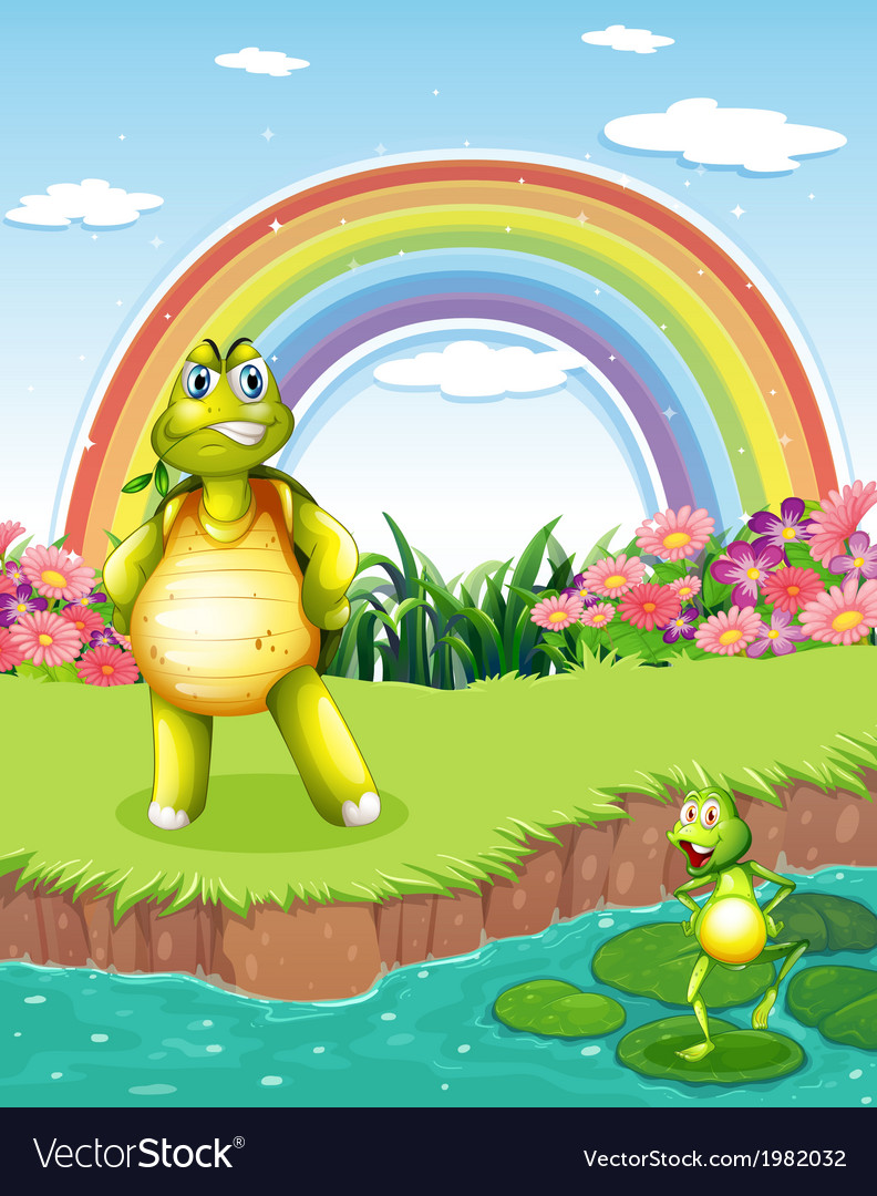 A turtle and frog at the pond with rainbow Vector Image