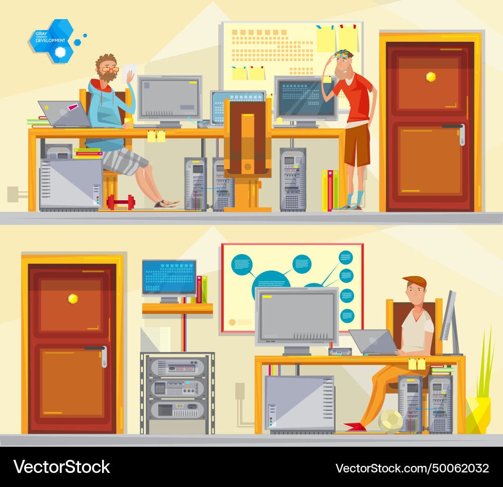 Software engineering workplaces set Royalty Free Vector