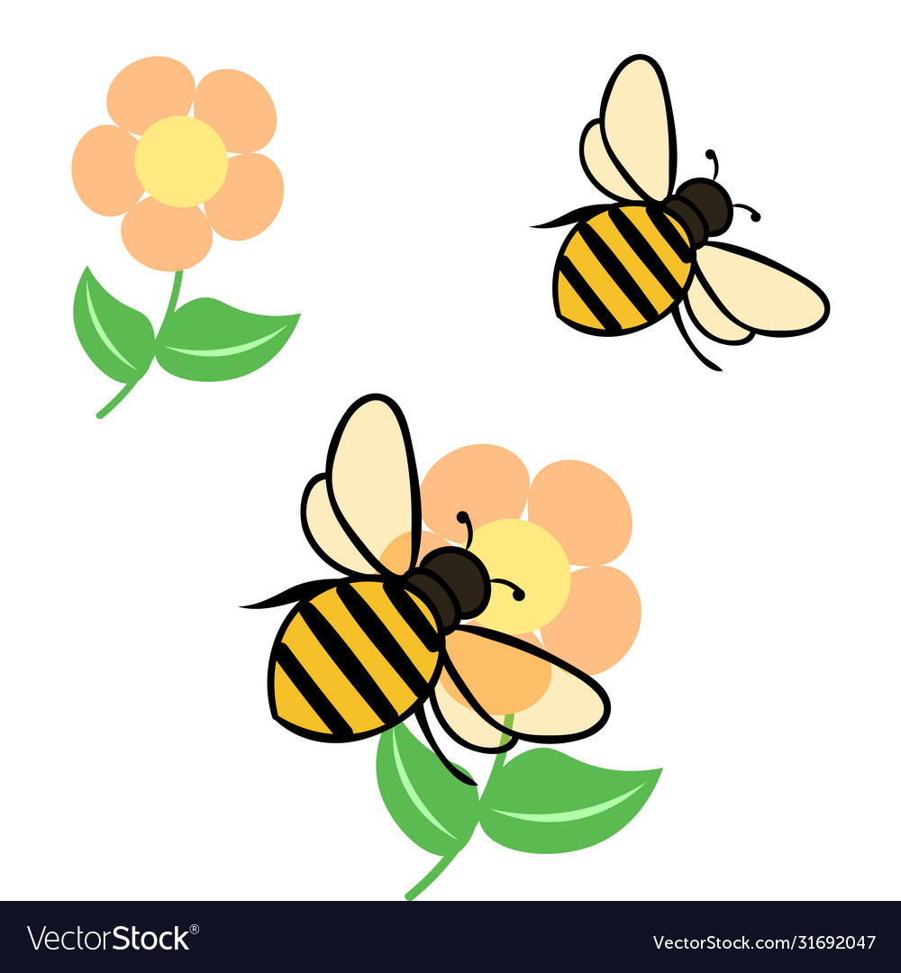 Cute bee on happy flowers Royalty Free Vector Image