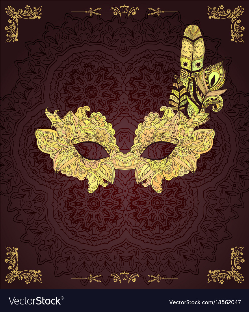 Dark background with mask with feathers Royalty Free Vector