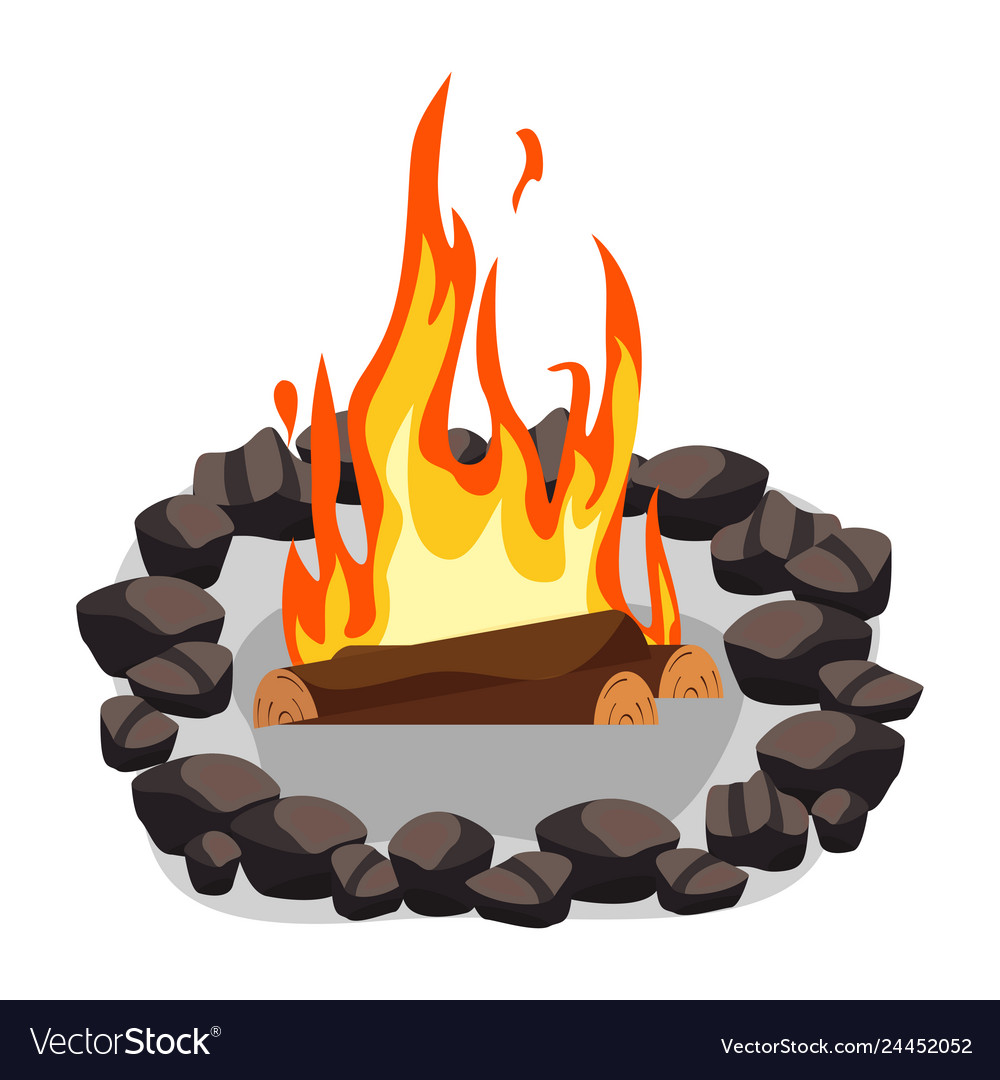 Bonfire burning woodpile and round of stones Vector Image