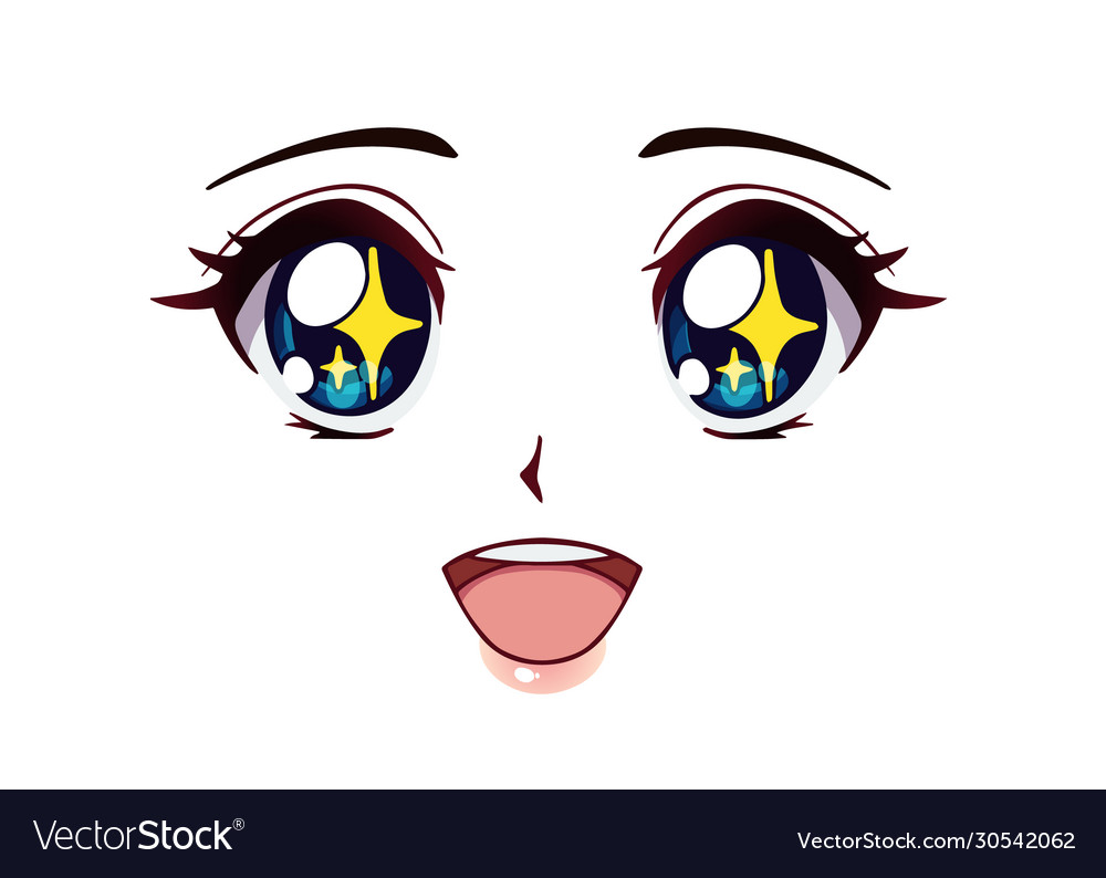 Vector illustration set of 18 cute kawaii anime faces. Happy, animal,  eyelashes, cheeks. Stock Vector | Adobe Stock