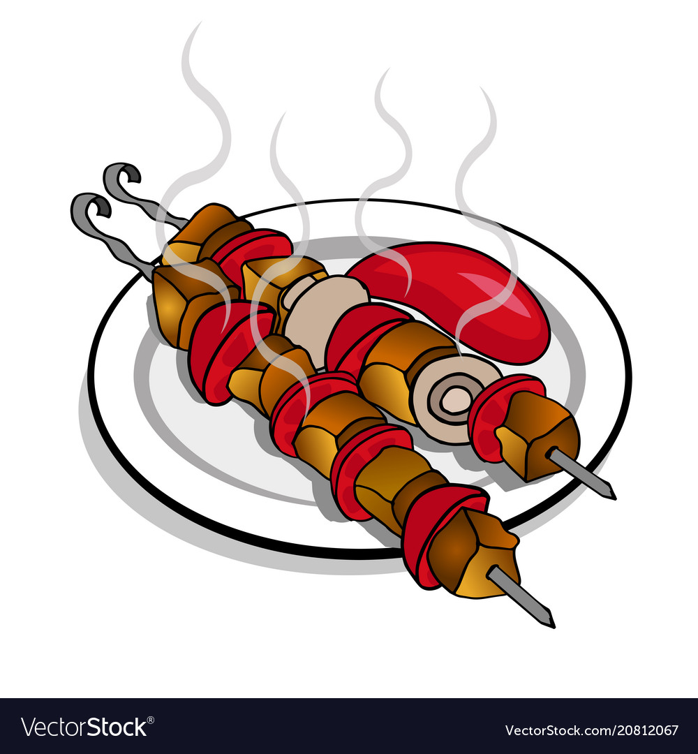 Delicious fried meat on skewers with ketchup Vector Image