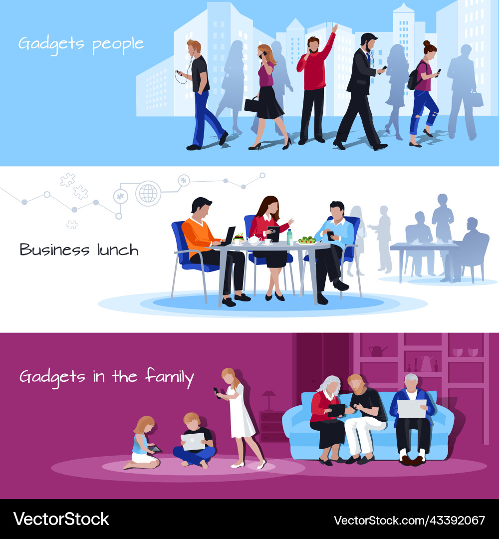 Gadgets using people flat banners set Royalty Free Vector