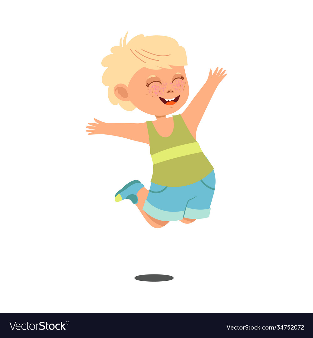 Funny boy with freckles wearing shorts jumping Vector Image