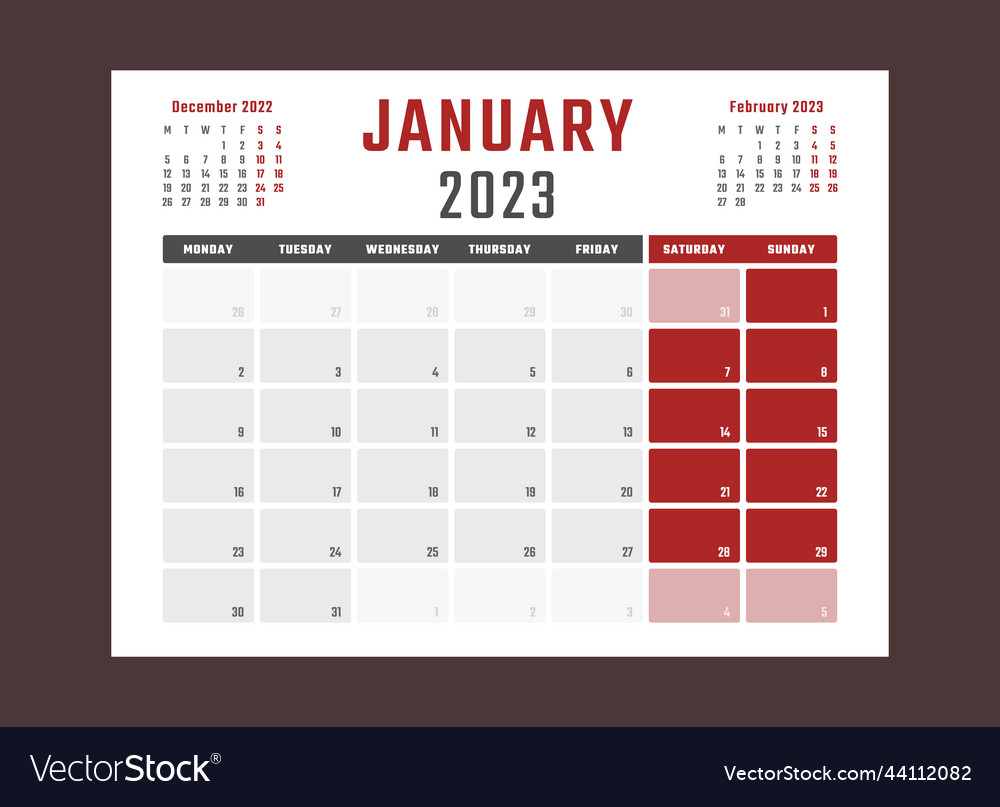 Calendar for january 2023 starts monday royalty free vector