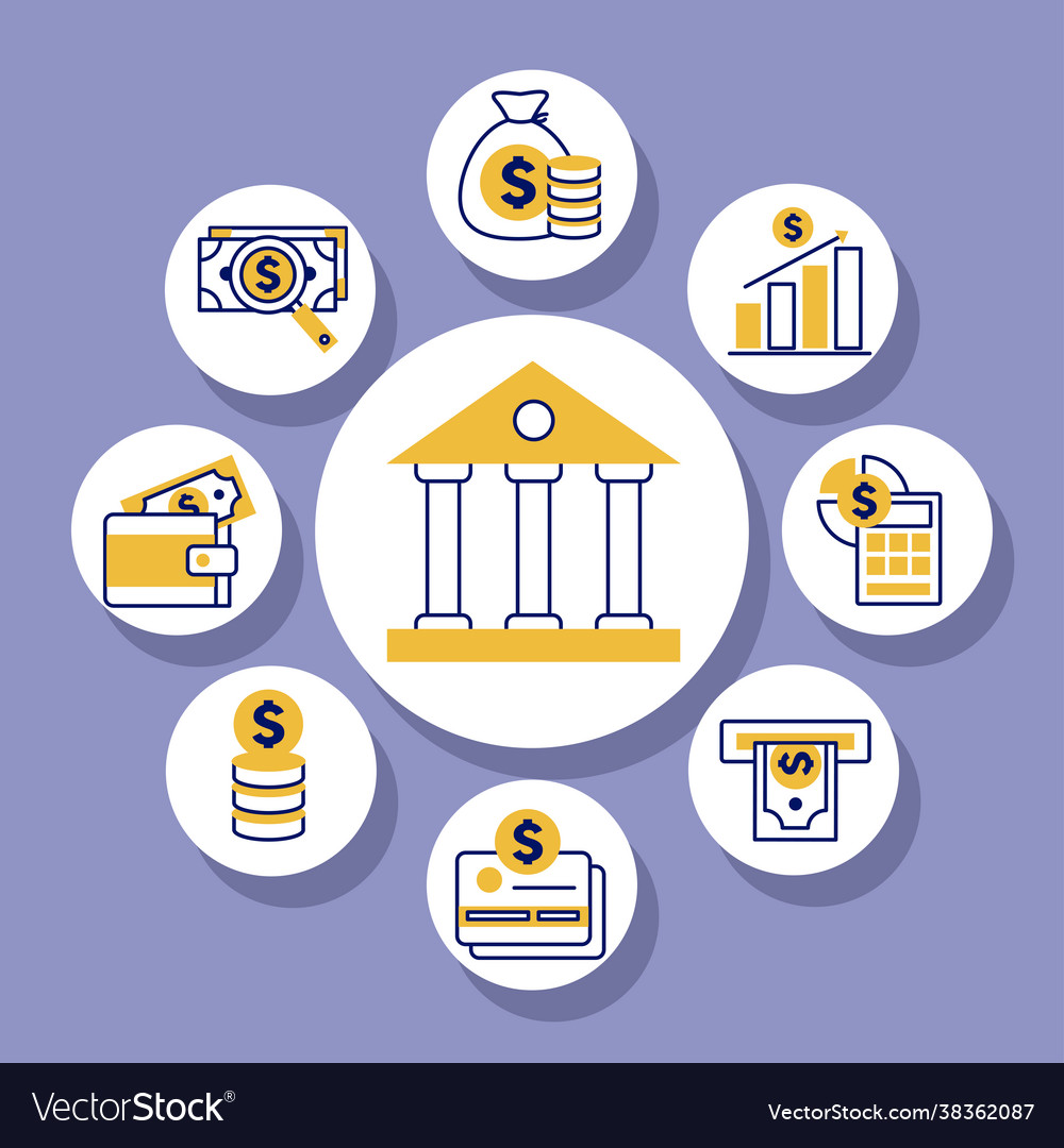 Bank with money icon collection Royalty Free Vector Image