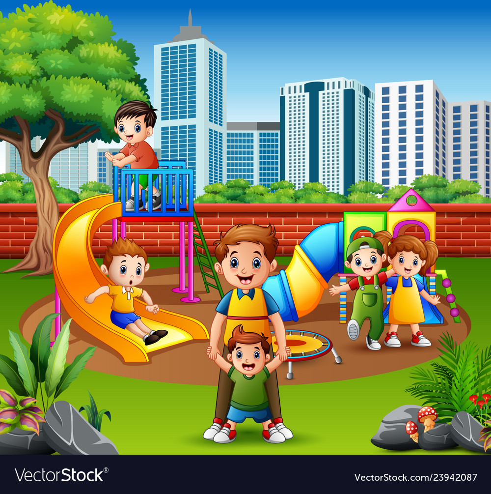 Happy family and children in playground Royalty Free Vector