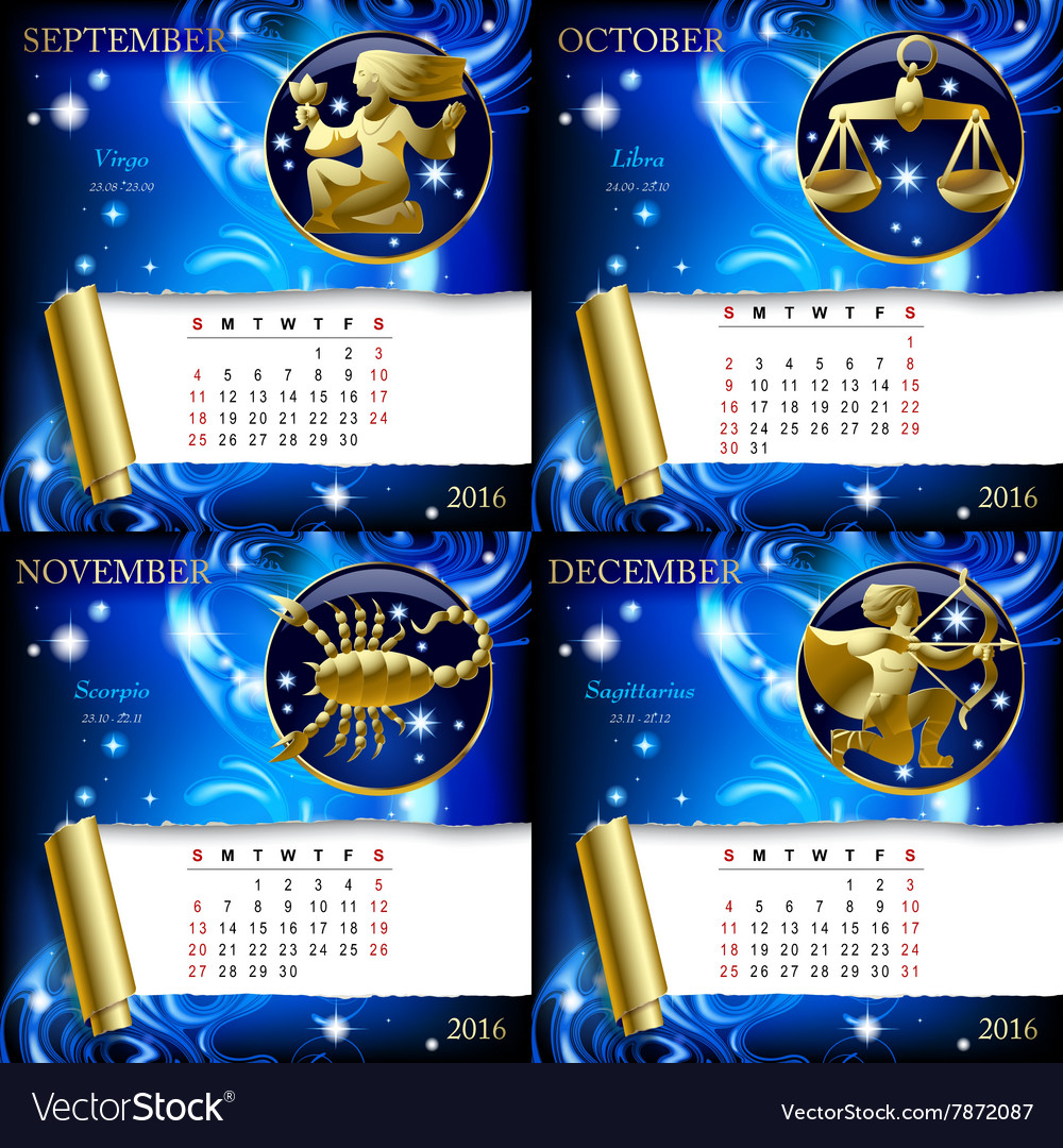 Zodiacal Calendar Pages Of 2016 Royalty Free Vector Image