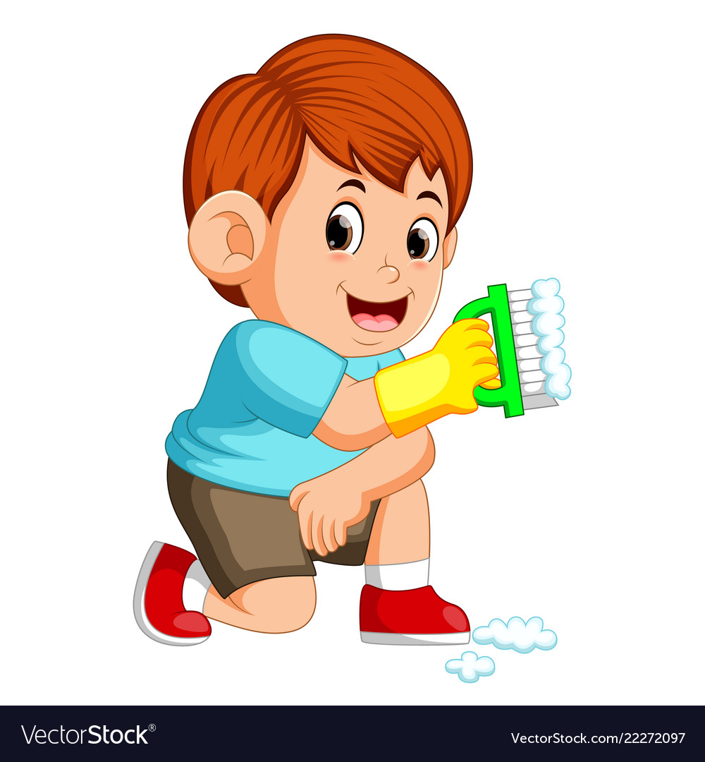 Boy sitting and holding green brush Royalty Free Vector