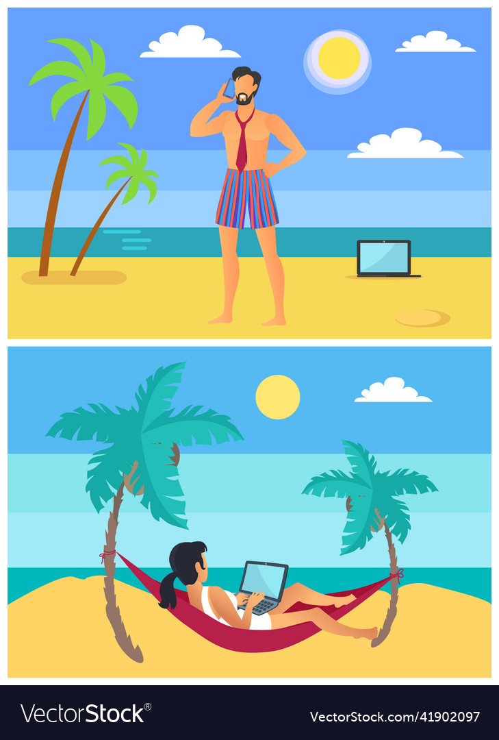 Freelancers man and woman on tropical beach