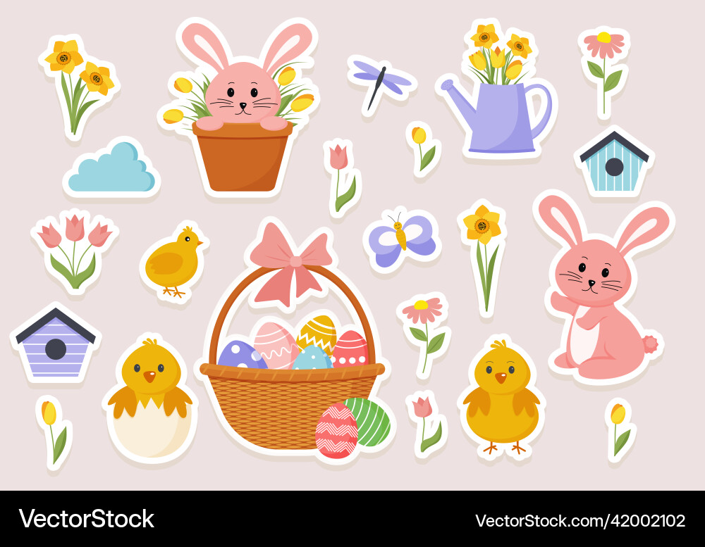 Cute easter spring sticker set Royalty Free Vector Image