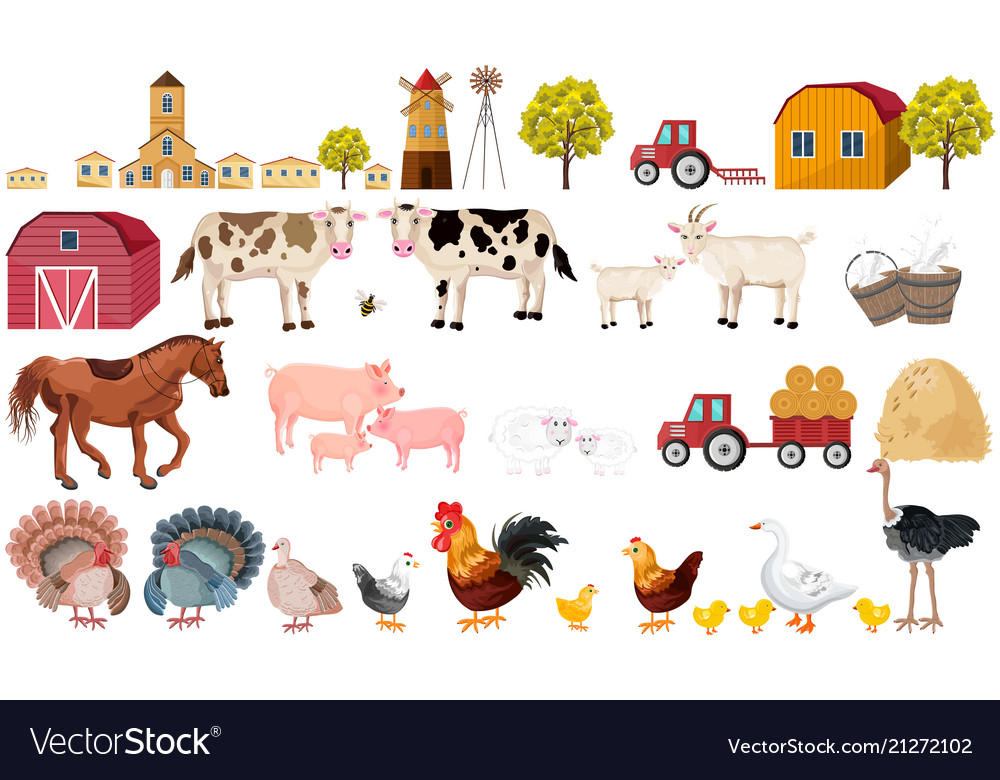 Farm big set collection village animals Royalty Free Vector Farm big set collection village animals Royalty Free Vector