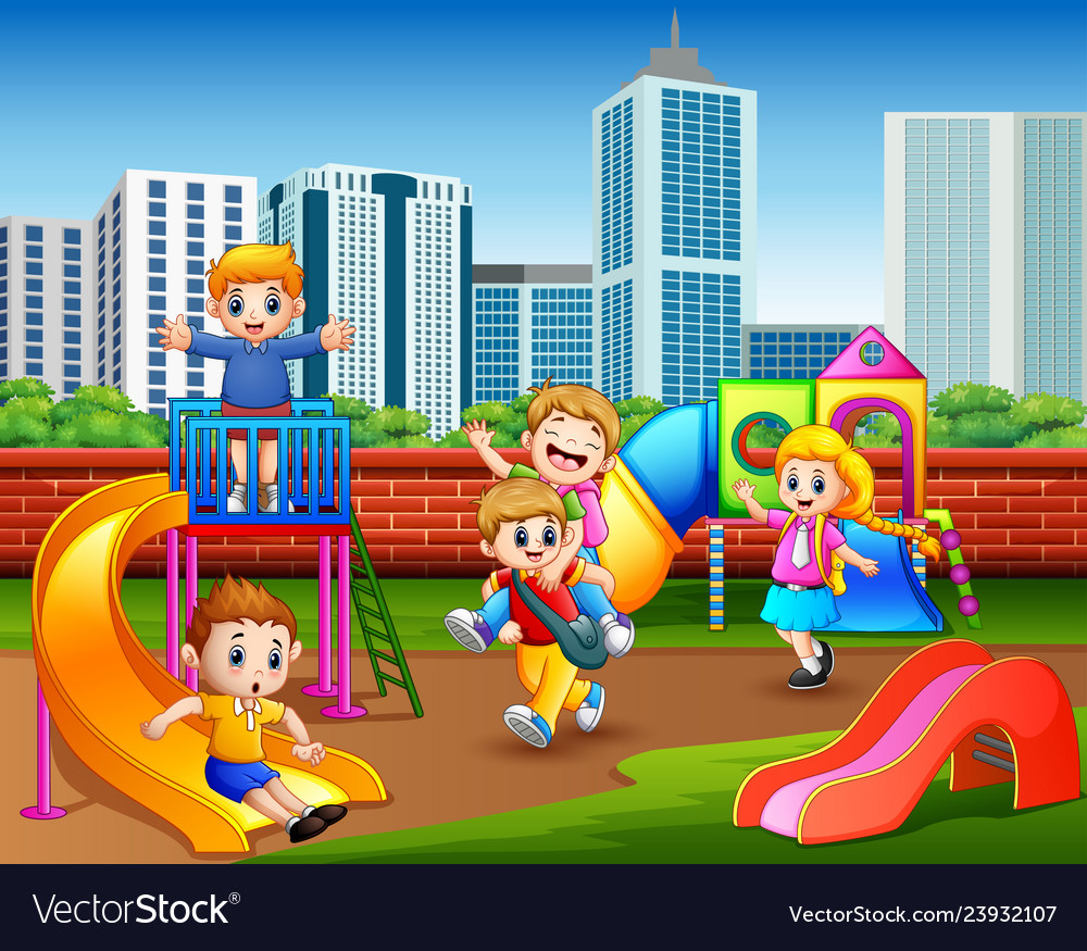 Happy kindergarten children playing in playgro Vector Image