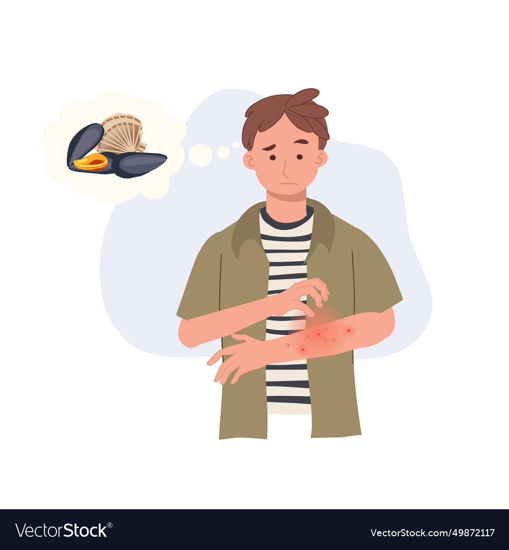 Seafood allergy reaction man with itchy red rash Vector Image