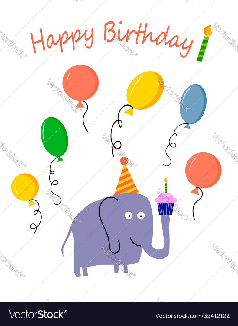 Birthday card elephant muffin and balloons Vector Image