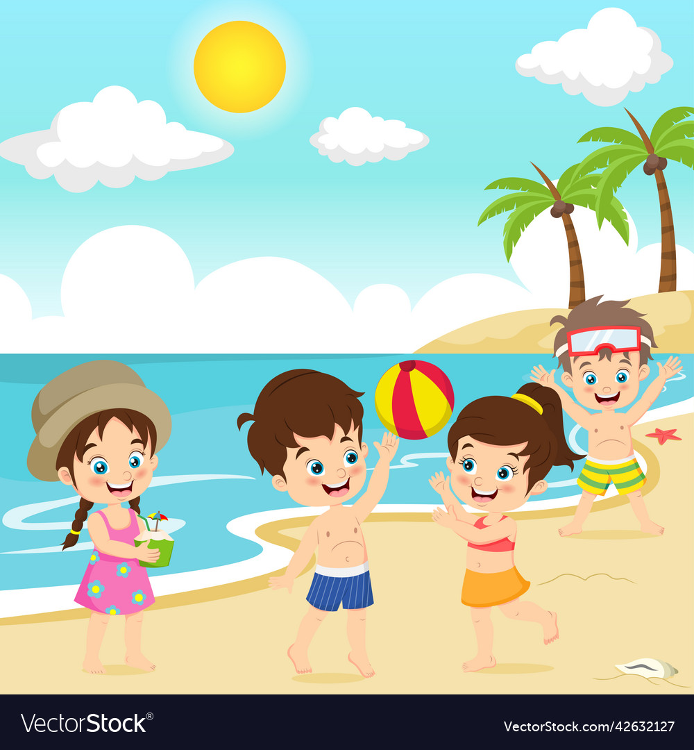 Children playing beach ball at tropical beach Vector Image