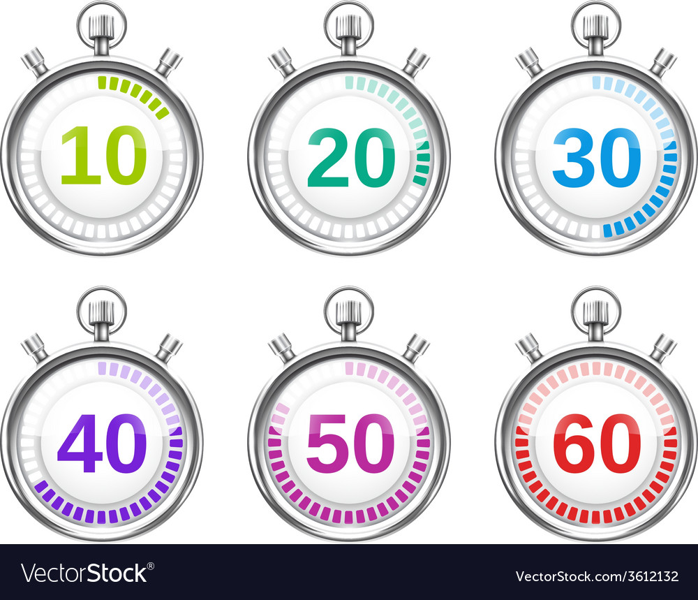Six colorful stopwatches with varying times Vector Image