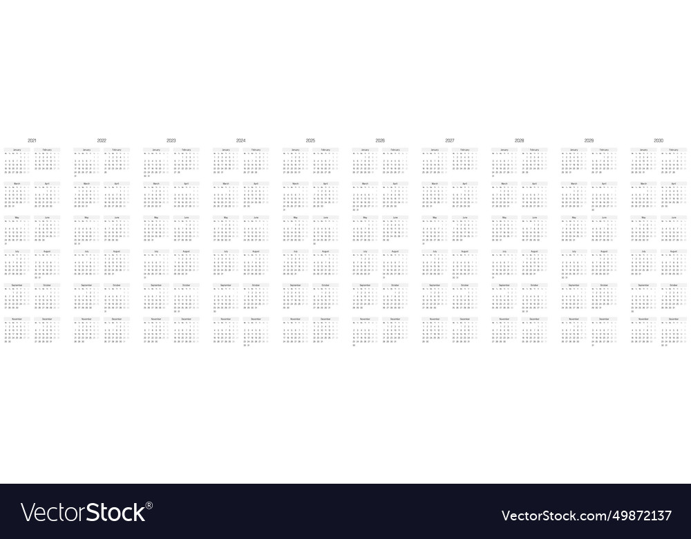 Set of monthly calendars 2021 - 2030 Royalty Free Vector