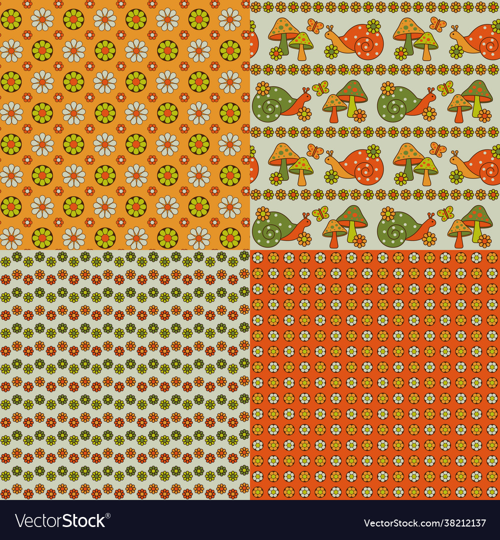 Snails mushrooms and flowers seamless patterns Vector Image