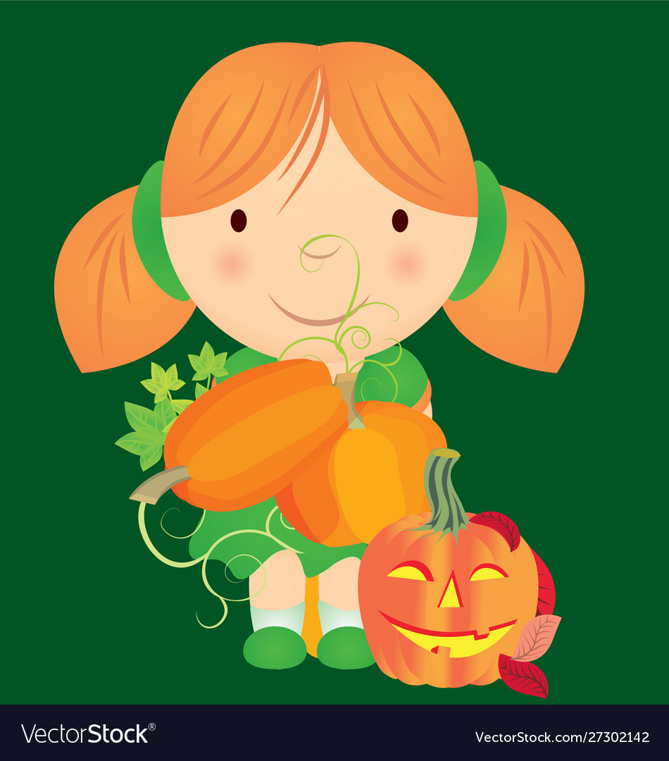 Cartoon Girl In Green Dress Holding Pumpkins Vector Image