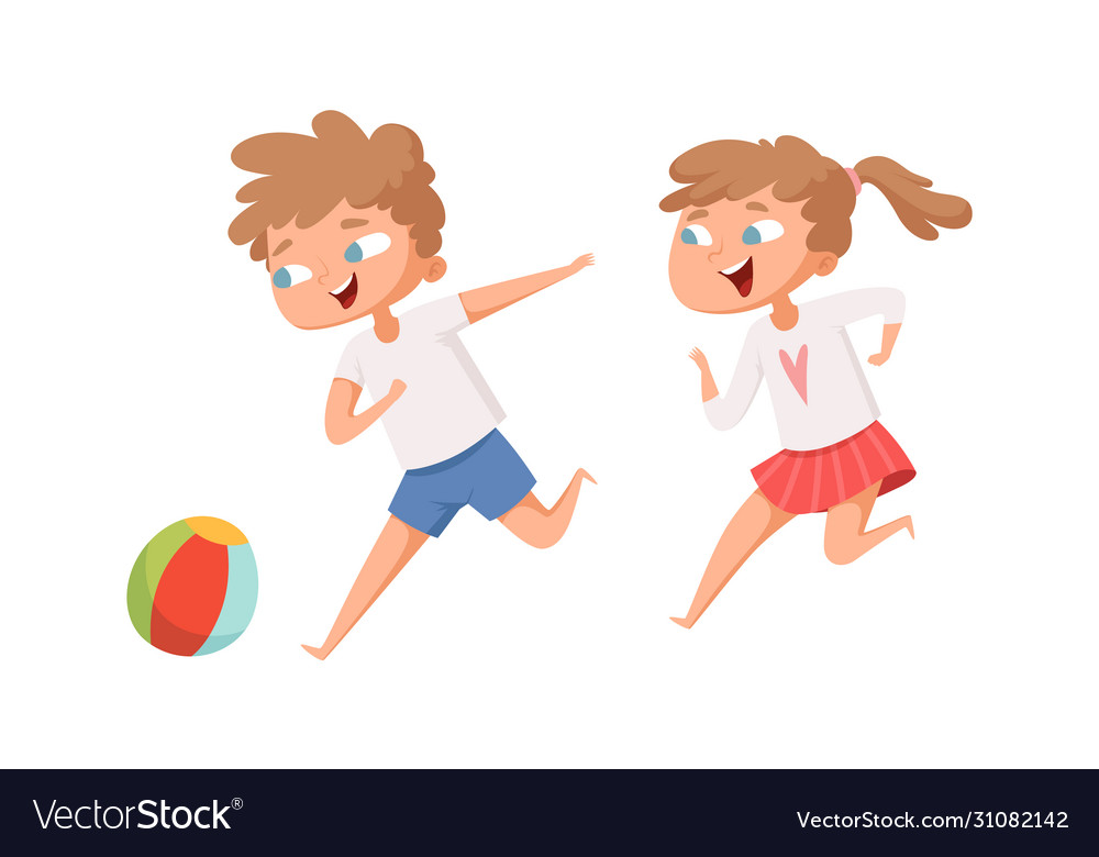Kids play ball running cartoon boy and girl Vector Image Kids play ball running cartoon boy and girl Vector Image