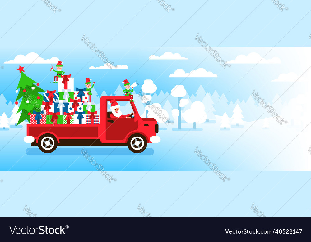 Santa claus truck with gifts and elf helpers Vector Image