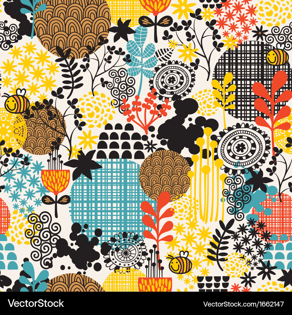 Seamless pattern with flowers and bees Royalty Free Vector